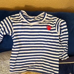 Unisex Comme des Garçons Striped Blue and White Kids Shirt with Heart Patch